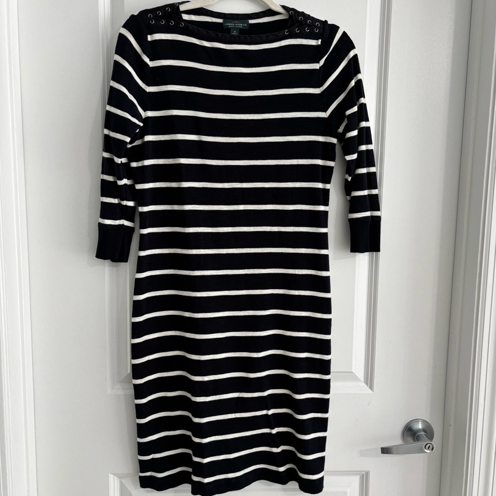 LRL LAUREN JEANS RALPH LAUREN NAVY BLUE & WHOTE STRIPED DRESS